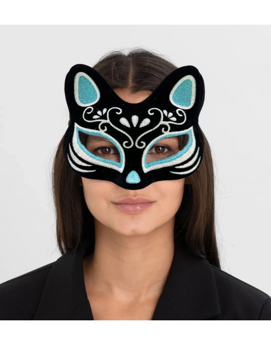 Siyah Süet Gümüş Mavi Simli Kedi Maskesi