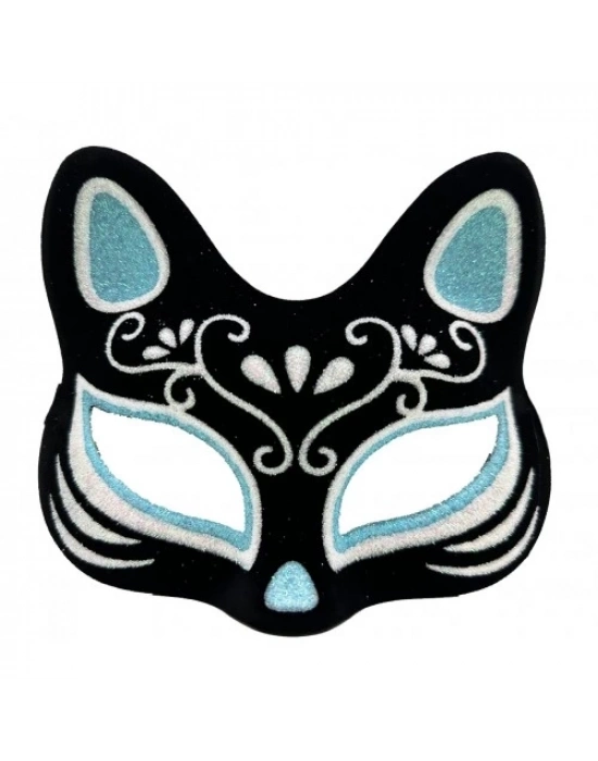Siyah Süet Gümüş Mavi Simli Kedi Maskesi