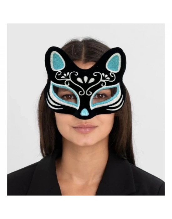 Siyah Süet Gümüş Mavi Simli Kedi Maskesi