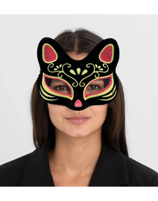 Siyah Süet Kırmızı Sarı Simli Kedi Maskesi