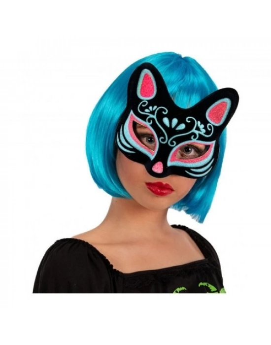 Siyah Süet Mavi Kırmızı Simli Kedi Maskesi