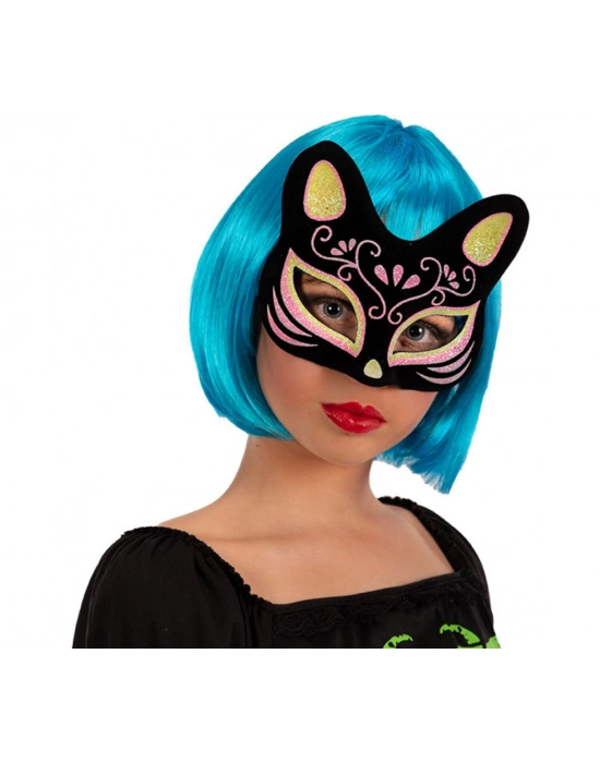 Siyah Süet Sarı Pembe Simli Kedi Maskesi