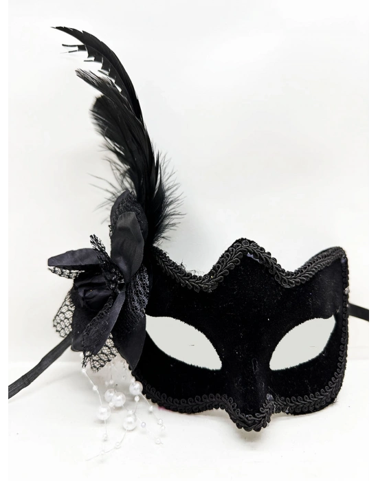 Siyah Süet Yandan Tüylü İncili Parti Maskesi