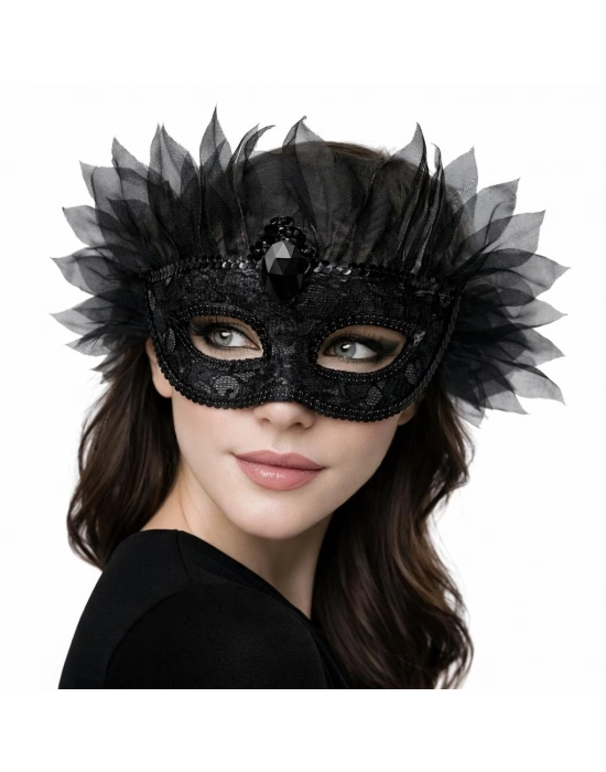 Siyah Taşlı Venedik Maskesi Lüks Tüllü Parti Maskesi