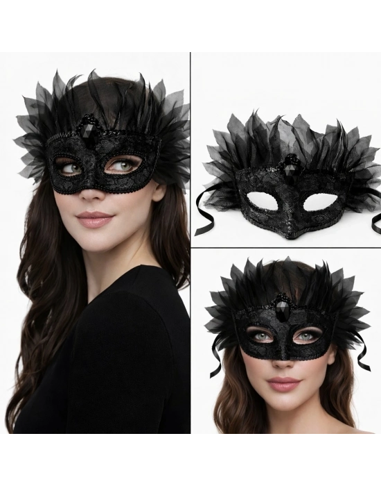® Siyah Taşlı Venedik Maskesi Lüks Tüllü Parti Maskesi