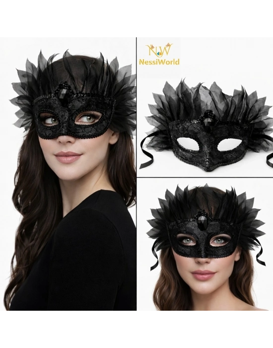 ® Siyah Taşlı Venedik Maskesi Lüks Tüllü Parti Maskesi