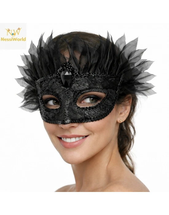 ® Siyah Taşlı Venedik Maskesi Lüks Tüllü Parti Maskesi