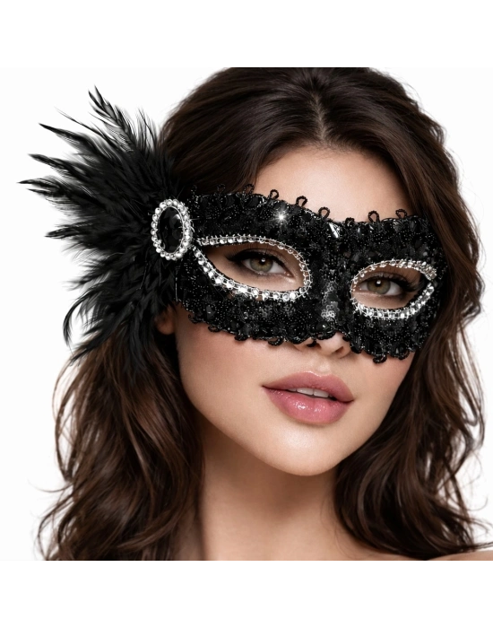 Siyah Taşlı Venedik Parti Maskesi – Tüylü Payetli