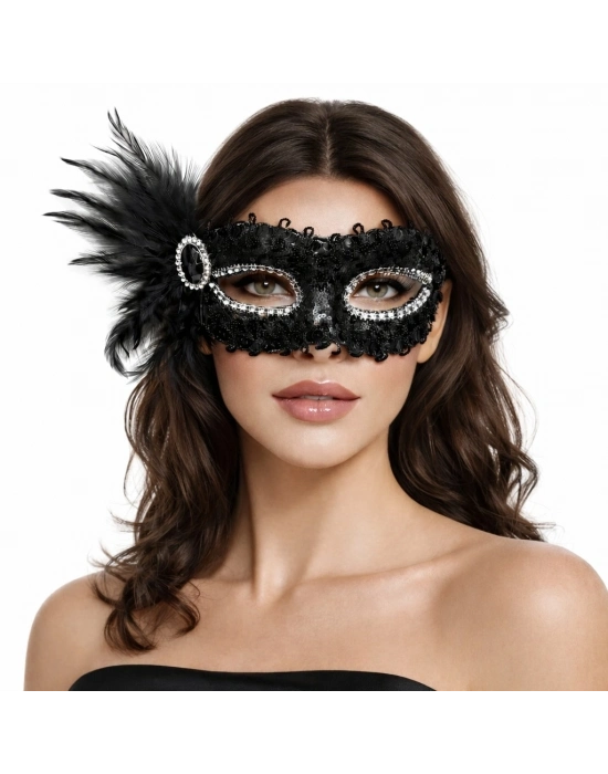 Siyah Taşlı Venedik Parti Maskesi – Tüylü Payetli