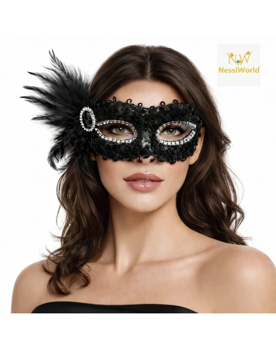 ® Siyah Taşlı Venedik Parti Maskesi – Tüylü Payetli