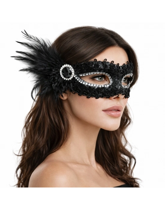 Siyah Taşlı Venedik Parti Maskesi – Tüylü Payetli