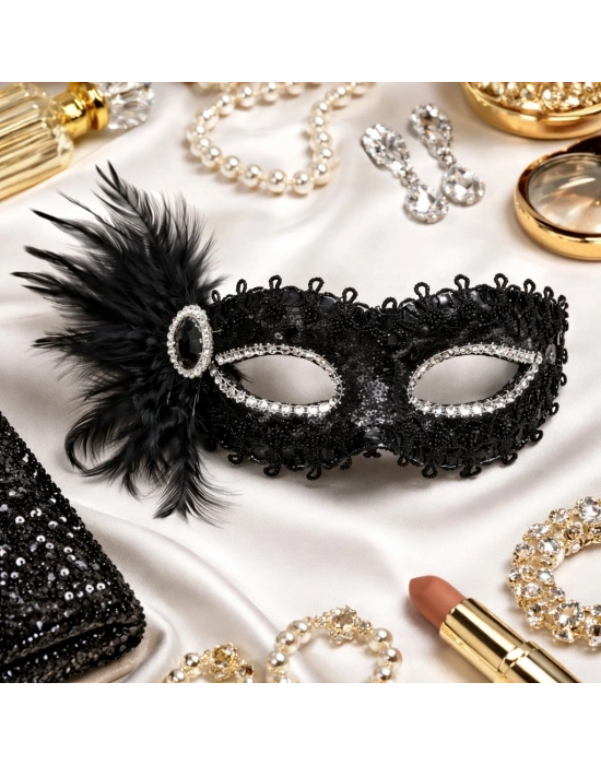 Siyah Taşlı Venedik Parti Maskesi – Tüylü Payetli
