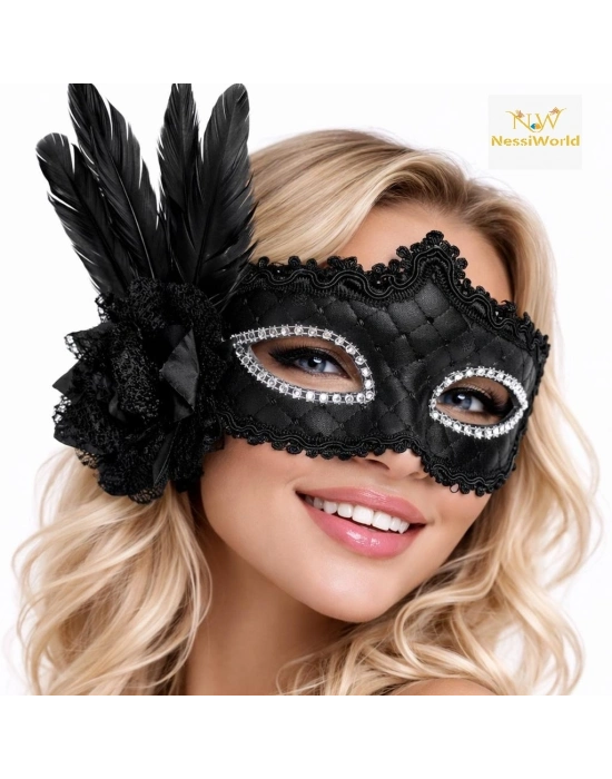 Siyah Tüylü Venedik Lüks Balo Maskesi