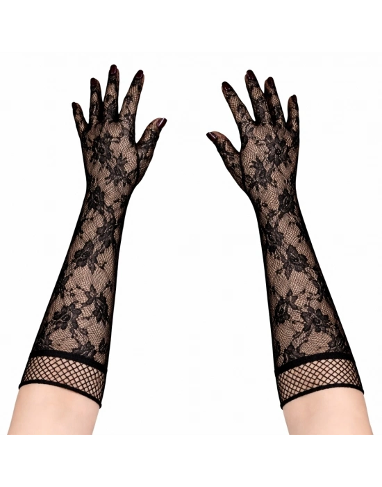 Siyah Uzun Gül Desenli Dantel Kadın Eldiveni