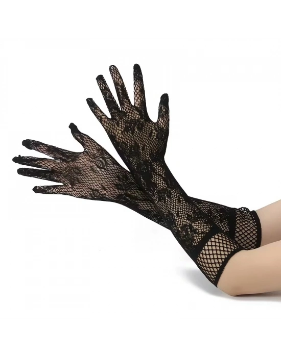 Siyah Uzun Gül Desenli Dantel Kadın Eldiveni