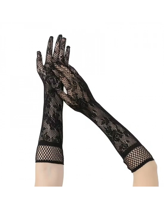 Siyah Uzun Gül Desenli Dantel Kadın Eldiveni