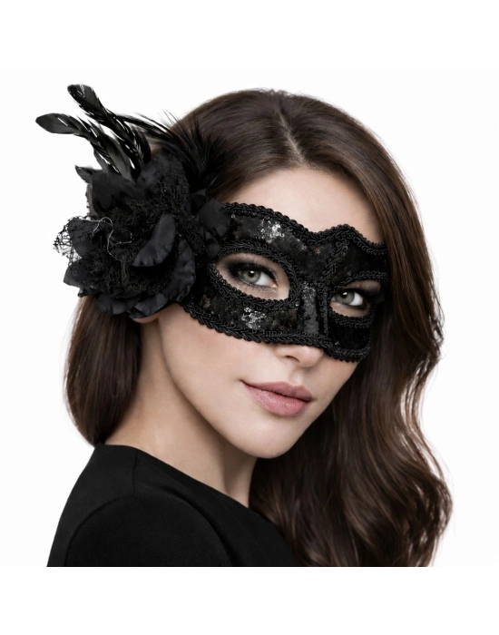 Siyah Venedik Parti Maskesi – Çiçekli Tüylü Payetli