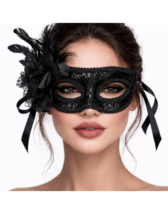 Siyah Venedik Parti Maskesi – Çiçekli Tüylü Payetli