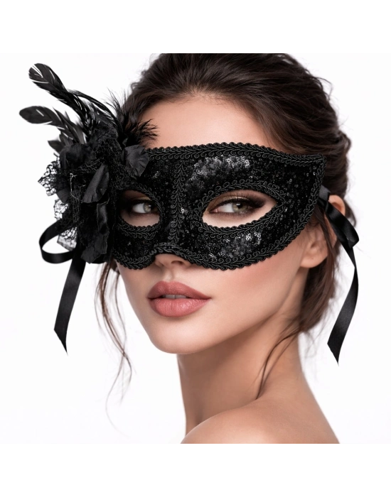 Siyah Venedik Parti Maskesi – Çiçekli Tüylü Payetli