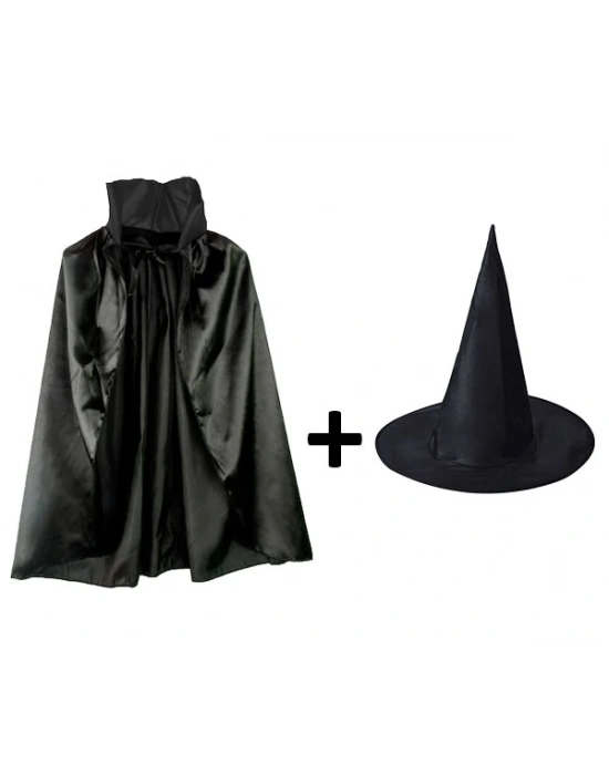 Siyah Yakalı Pelerin Ve Siyah Cadı Şapkası Seti Çocuk Boy