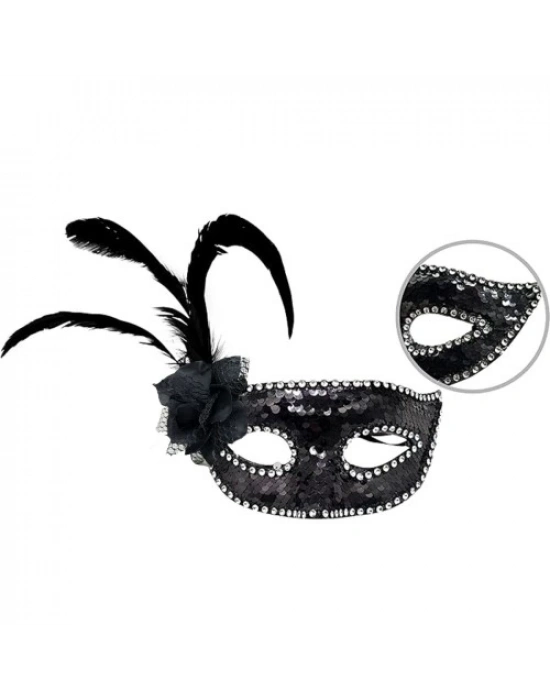 Siyah Yandan Tüylü Güllü Taşlı Pullu Maske