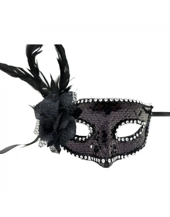 Siyah Yandan Tüylü Güllü Taşlı Pullu Maske