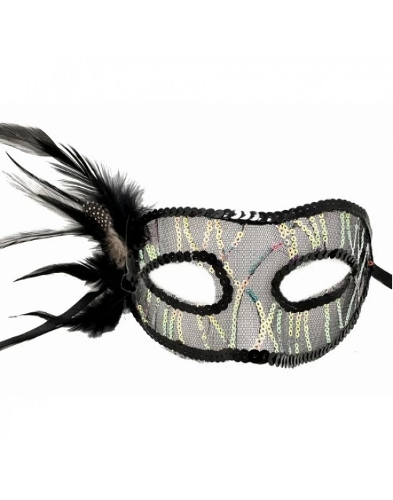 Siyah Yandan Tüylü Pul Payet Maskesi