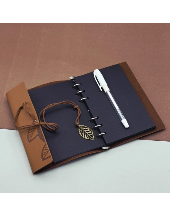 Siyah Yapraklı Deri Defter Ve Beyaz Jel Kalem Seti