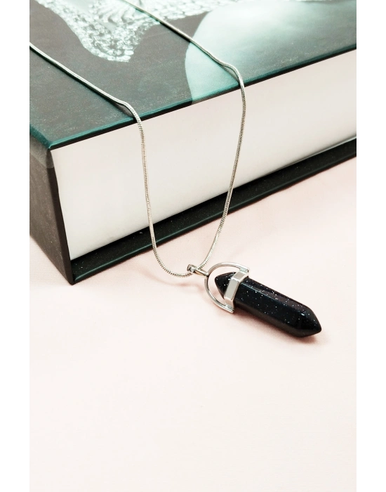 Siyah Yıldız Taşı Doğal Taşı Zincirli El Yapımı Tasarımlı Kolye Uç: 3,5 cm Zincir: 20 cm Kutulu