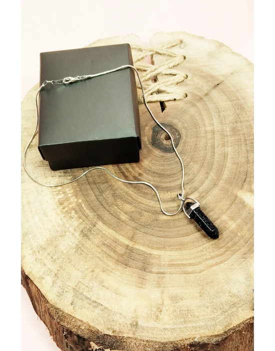 Siyah Yıldız Taşı Doğal Taşı Zincirli El Yapımı Tasarımlı Kolye Uç: 3,5 cm Zincir: 20 cm Kutulu