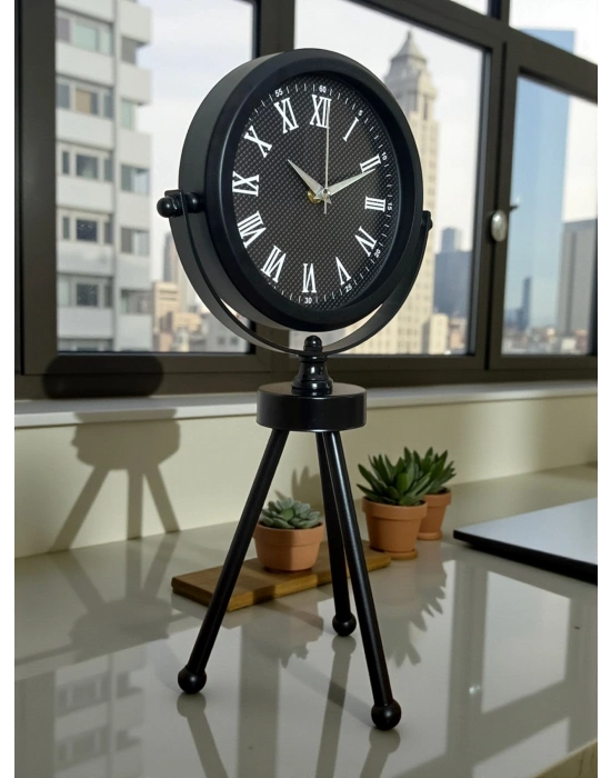 ® Siyah Zarif Dekoratif Üç Ayaklı Metal Masa Saati