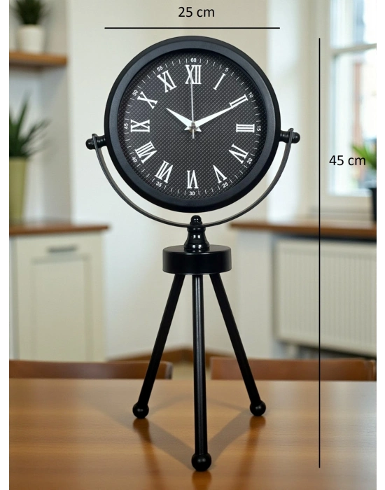 ® Siyah Zarif Dekoratif Üç Ayaklı Metal Masa Saati
