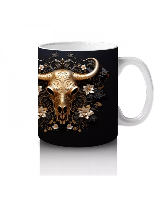 Siyah Zemin Üzerinde Altın Renkli Boğa İkilisi – Baskılı Kahve Kupası