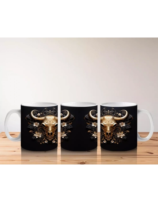 Siyah Zemin Üzerinde Altın Renkli Boğa İkilisi – Baskılı Kahve Kupası
