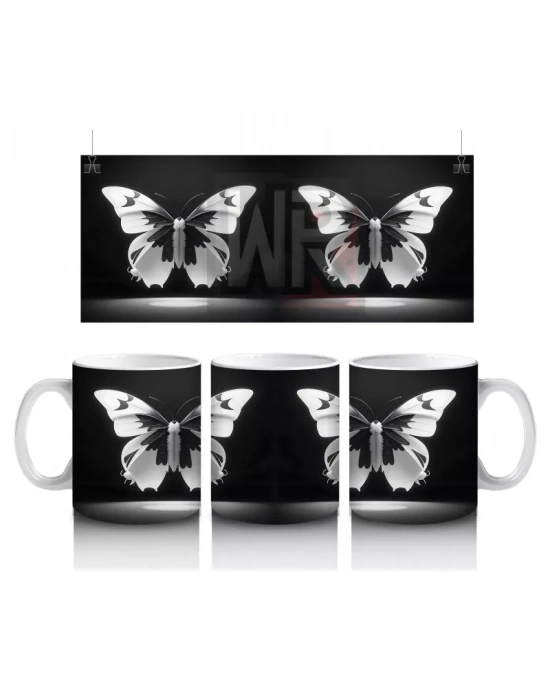 Siyah Zemin Üzerinde Beyaz Kelebekler – Baskılı Kupa