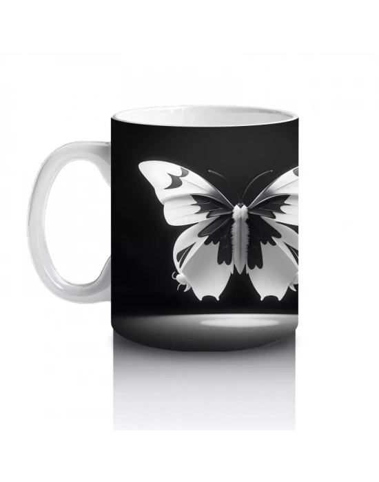 Siyah Zemin Üzerinde Beyaz Kelebekler – Baskılı Kupa