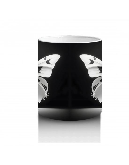 Siyah Zemin Üzerinde Beyaz Kelebekler – Baskılı Kupa