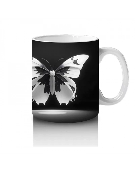 Siyah Zemin Üzerinde Beyaz Kelebekler – Baskılı Kupa