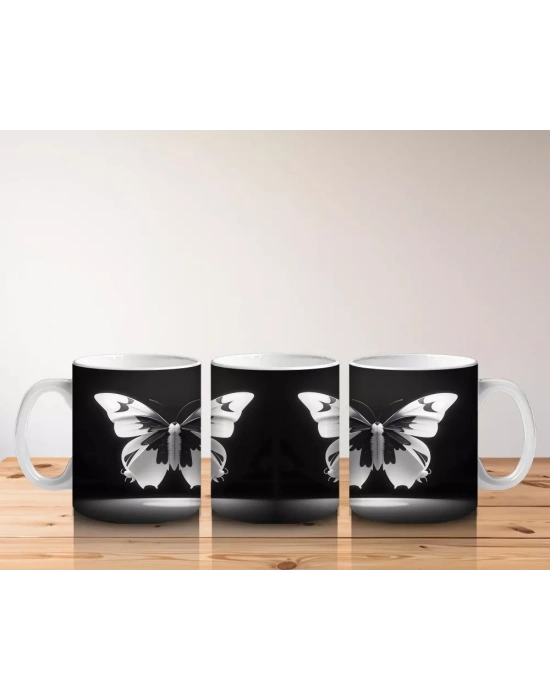 Siyah Zemin Üzerinde Beyaz Kelebekler – Baskılı Kupa