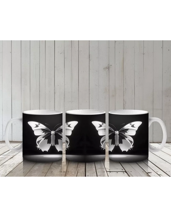 Siyah Zemin Üzerinde Beyaz Kelebekler – Baskılı Kupa
