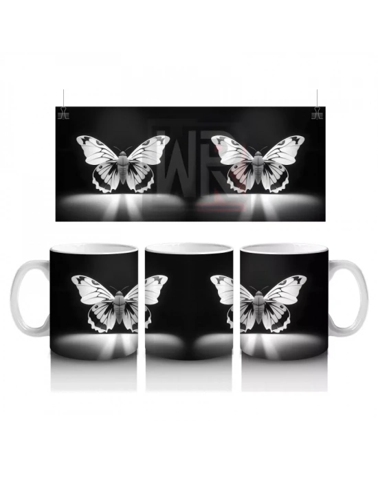 Siyah Zeminde Ayna Yansımalı Gümüş Kelebekler – Baskılı Kahve Kupası