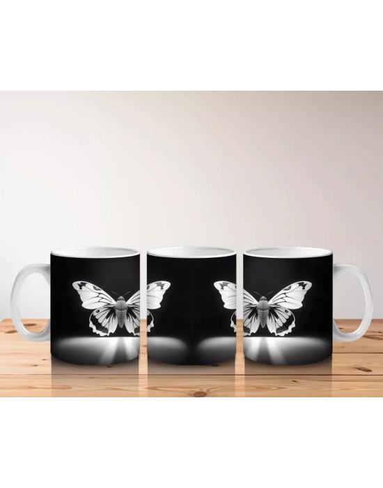 Siyah Zeminde Ayna Yansımalı Gümüş Kelebekler – Baskılı Kahve Kupası