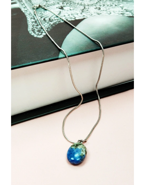 Sodalit Doğal Taşı Zincirli El Yapımı Kolye Uç: 1,5 cm Zincir: 20 cm Kutulu