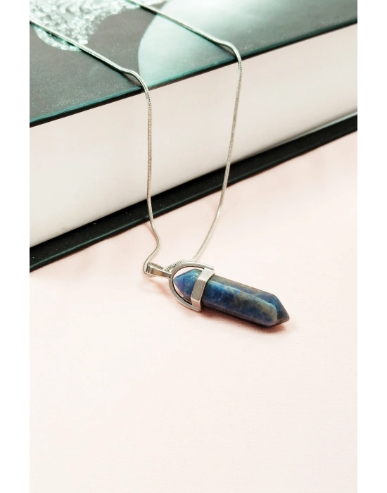 Sodalit Doğal Taşı Zincirli El Yapımı Tasarımlı Kolye Uç: 3,5 cm Zincir: 20 cm Kutulu