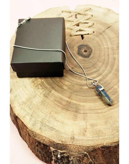 Sodalit Doğal Taşı Zincirli El Yapımı Tasarımlı Kolye Uç: 3,5 cm Zincir: 20 cm Kutulu