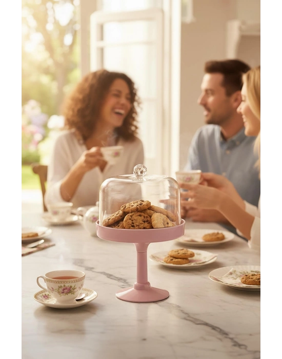 Soft Pembe Akrilik Ayaklı Kurabiyelik & Kapaklı Sunum Standı - 2 Parça