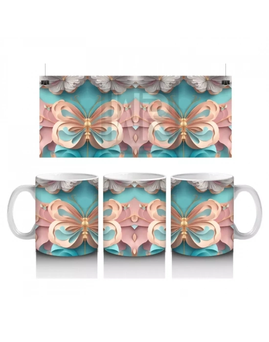 Soft Renklerde Kelebek Mandala Deseni – Baskılı Kahve Kupası
