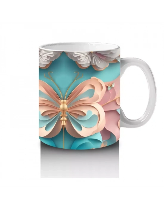 Soft Renklerde Kelebek Mandala Deseni – Baskılı Kahve Kupası