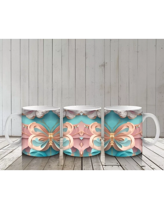 Soft Renklerde Kelebek Mandala Deseni – Baskılı Kahve Kupası