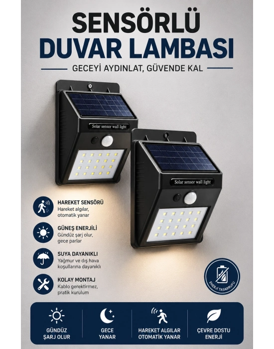 Solar Sensörlü Duvar Lambası Bahçe Lamba 20 Led Işık